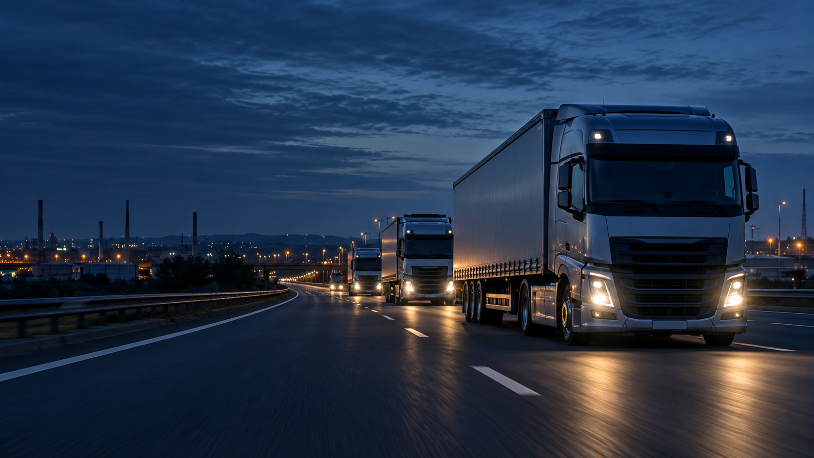 Lkw-Flotte auf einer Autobahn in der Dämmerung